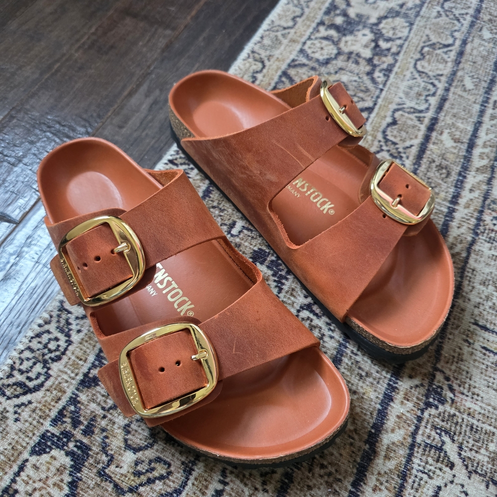 Birkenstock Orange Sandals with Gold Buckles